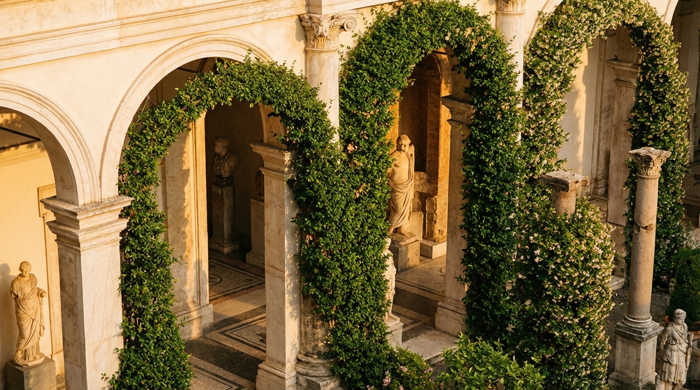 Roman colonnade with trained vines